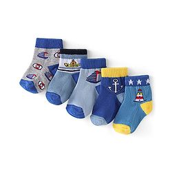 Cute Walk by Babyqhug Anti-Bacterial Ankle Length Ship Design Socks Pack of 5 - Multicolour
