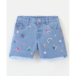 Babyhug Cotton Spandex Mid Thigh Length Washed Stretchable Shorts Nature Embroidery Blue (Fly With Zipper)