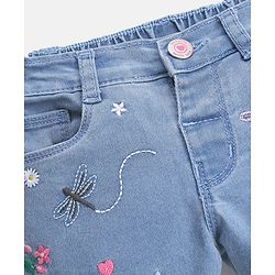 Babyhug Cotton Spandex Mid Thigh Length Washed Stretchable Shorts Nature Embroidery Blue (Fly With Zipper)