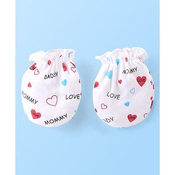 Babyhug 100% Cotton Knit Cap Mittens & Booties Set with Heart Print - White