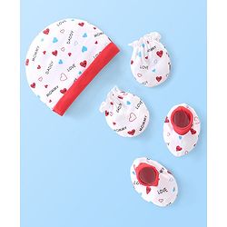 Babyhug 100% Cotton Knit Cap Mittens & Booties Set with Heart Print - White
