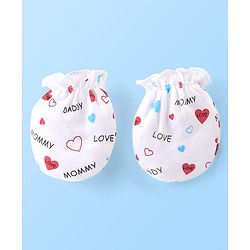 Babyhug 100% Cotton Knit Cap Mittens & Booties Set with Heart Print - White
