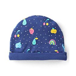 Babyhug 100% Cotton Interlock Knit Cap Mitten And Booties Set Fruits Design - Navy Blue