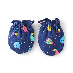 Babyhug 100% Cotton Interlock Knit Cap Mitten And Booties Set Fruits Design - Navy Blue