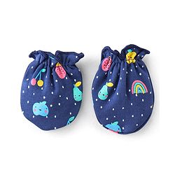 Babyhug 100% Cotton Interlock Knit Cap Mitten And Booties Set Fruits Design - Navy Blue