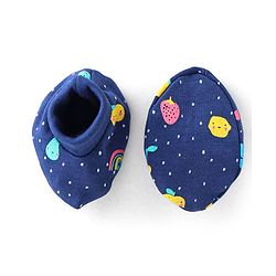 Babyhug 100% Cotton Interlock Knit Cap Mitten And Booties Set Fruits Design - Navy Blue