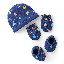 Babyhug 100% Cotton Interlock Knit Cap Mitten And Booties Set Fruits Design - Navy Blue