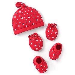 Babyhug 100% Cotton Knit Cap Mittens & Booties Set Star Print - Red