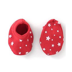 Babyhug 100% Cotton Knit Cap Mittens & Booties Set Star Print - Red