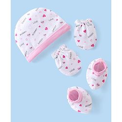 Babyhug 100% Cotton Interlock Knit Cap Mittens & Booties Set with Heart Print - White & Pink