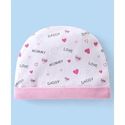 Babyhug 100% Cotton Interlock Knit Cap Mittens & Booties Set with Heart Print - White & Pink