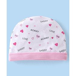 Babyhug 100% Cotton Interlock Knit Cap Mittens & Booties Set with Heart Print - White & Pink