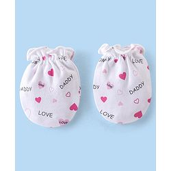Babyhug 100% Cotton Interlock Knit Cap Mittens & Booties Set with Heart Print - White & Pink