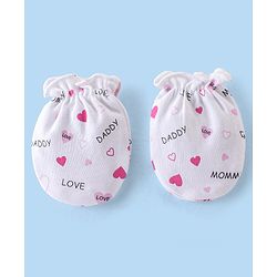 Babyhug 100% Cotton Interlock Knit Cap Mittens & Booties Set with Heart Print - White & Pink