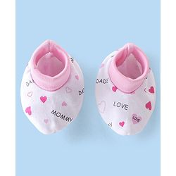 Babyhug 100% Cotton Interlock Knit Cap Mittens & Booties Set with Heart Print - White & Pink