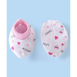 Babyhug 100% Cotton Interlock Knit Cap Mittens & Booties Set with Heart Print - White & Pink