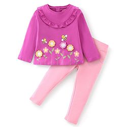 Babyhug Cotton Knit Full Sleeves Top with Floral Embroidery & Jeggings - Pink