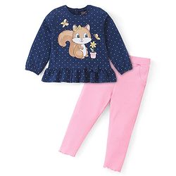 Babyhug 100% Cotton Knit Full Sleeves Top & Lounge Pant With Squirrel Print - Navy Blue & Pink