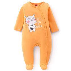 Babyhug Interlock Full Sleeves Footed Sleep Suit Kitty Print - Orange