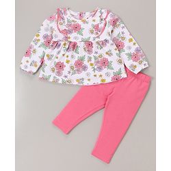 Babyhug 100% Cotton Knit Full Sleeves Top & Legging Set Floral Print - White & Pink
