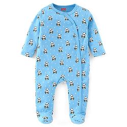 Babyhug Cotton Knit Full Sleeves Footed Sleepsuit Panda Print - Blue
