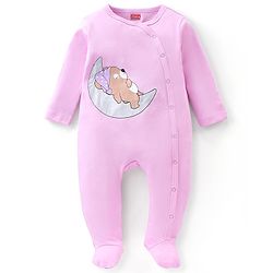 Babyhug Cotton Knit Full Sleeves Footed Sleepsuit Teddy Print - Pink