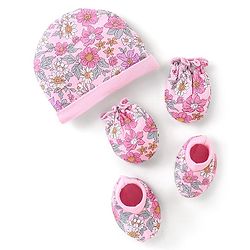Babyhug 100% Cotton Knit Cap Mittens & Booties Set Floral Print - Pink