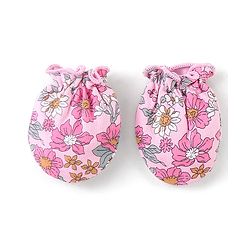 Babyhug 100% Cotton Knit Cap Mittens & Booties Set Floral Print - Pink