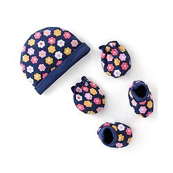 Babyhug 100% Cotton Knit Cap Mittens & Booties With Floral Print - Navy Blue