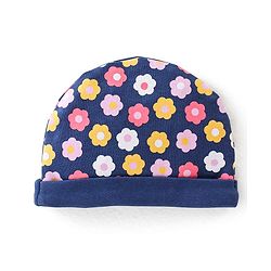 Babyhug 100% Cotton Knit Cap Mittens & Booties With Floral Print - Navy Blue