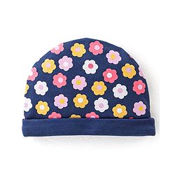 Babyhug 100% Cotton Knit Cap Mittens & Booties With Floral Print - Navy Blue