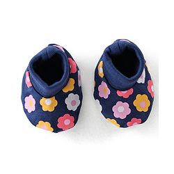 Babyhug 100% Cotton Knit Cap Mittens & Booties With Floral Print - Navy Blue