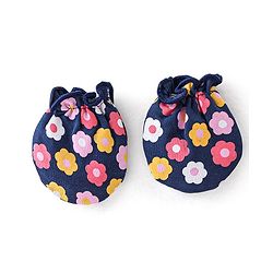 Babyhug 100% Cotton Knit Cap Mittens & Booties With Floral Print - Navy Blue