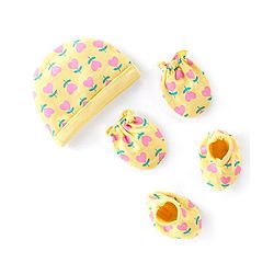 Babyhug 100% Cotton Cap Mittens & Booties Set With Floral Print Yellow - Diameter 9.5 cm