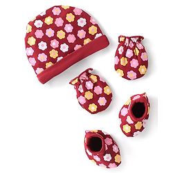 Babyhug 100% Cotton Knit Cap Mittens & Booties Set Floral Print - Red