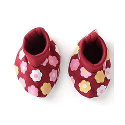 Babyhug 100% Cotton Knit Cap Mittens & Booties Set Floral Print - Red