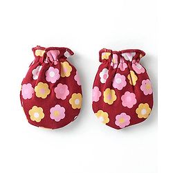 Babyhug 100% Cotton Knit Cap Mittens & Booties Set Floral Print - Red