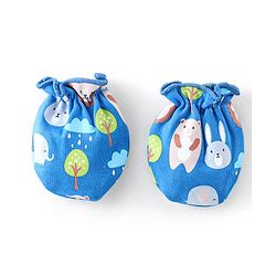 Babyhug 100% Cotton Knit Bear Print Cap Mittens & Booties - Navy Blue