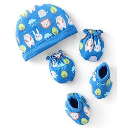 Babyhug 100% Cotton Knit Bear Print Cap Mittens & Booties - Navy Blue
