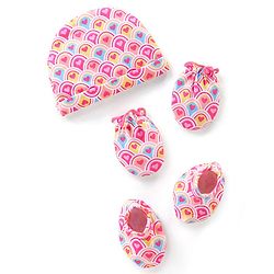 Babyhug 100% Cotton Interlock Knit Cap Mittens & Booties Set with Heart Print - Pink