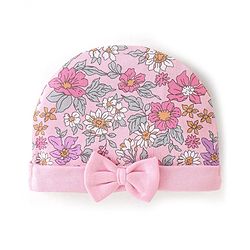 Babyhug 100% Cotton Knit Cap Floral Printed with Bow Applique- Pink