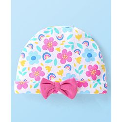 Babyhug 100% Cotton Knit Cap with Floral Design and Bow - Multicolour