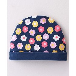 Babyhug 100% Cotton Interlock Knit Cap Floral Print - Navy Blue