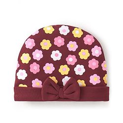 Babyhug 100% Cotton Knit Cap Floral Printed with Bow Applique- Red
