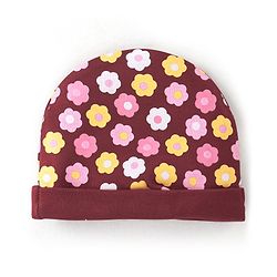 Babyhug 100% Cotton Knit Cap Floral Printed with Bow Applique- Red