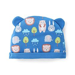 Babyhug 100% Cotton Knit Bear Print Cap - Navy Blue
