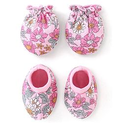 Babyhug 100% Cotton Knit Mittens & Booties Set Floral Print - Pink
