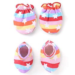 Babyhug 100% Cotton Knit Mittens & Booties Set Star Print - Multicolour