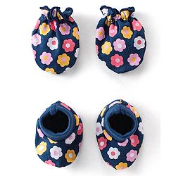 Babyhug 100% Cotton Knit Mittens and Booties With Floral Print - Navy Blue