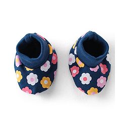 Babyhug 100% Cotton Knit Mittens and Booties With Floral Print - Navy Blue